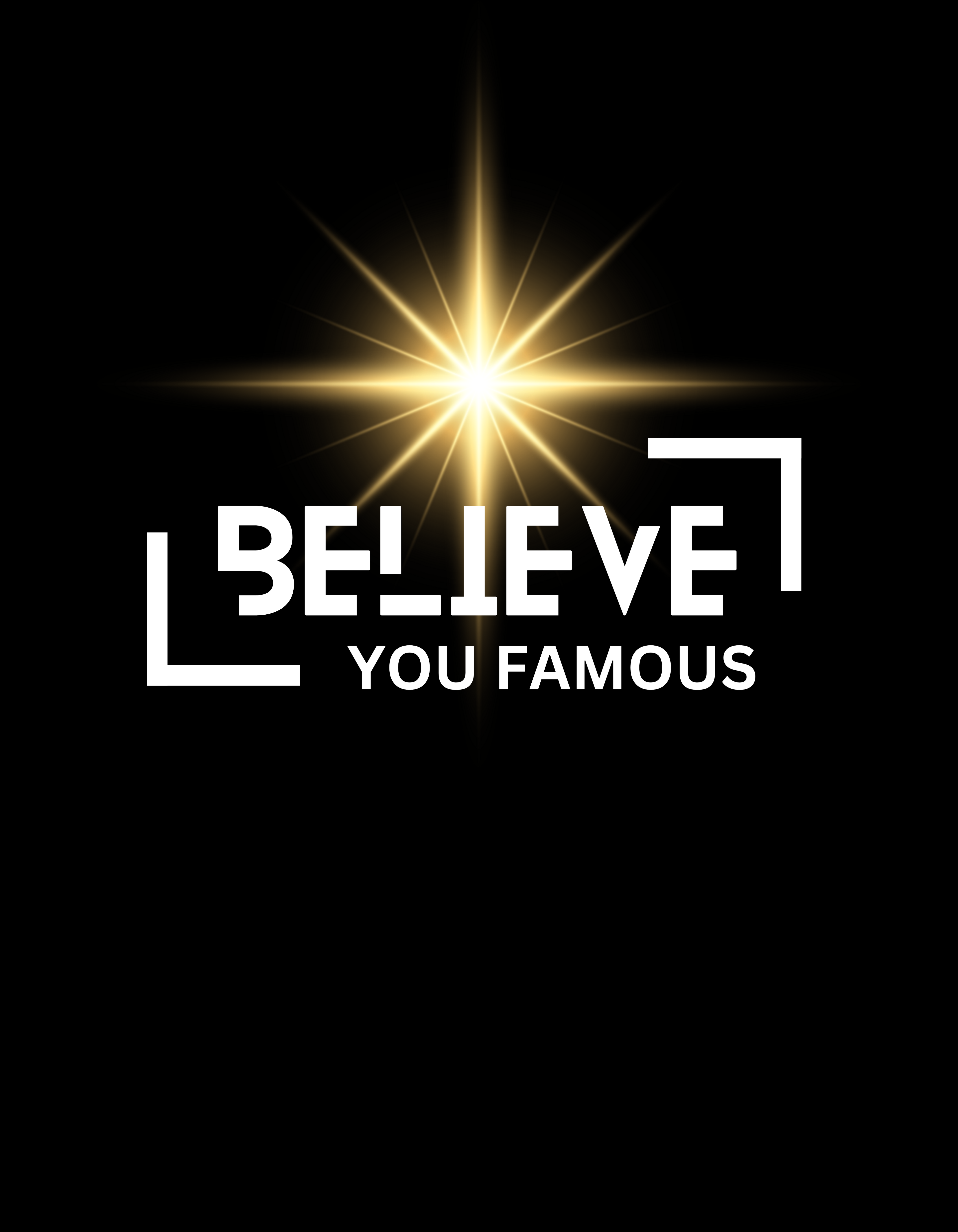 The word BELIEVE framed with minimal lines,centered below a powerful,golden starburst.